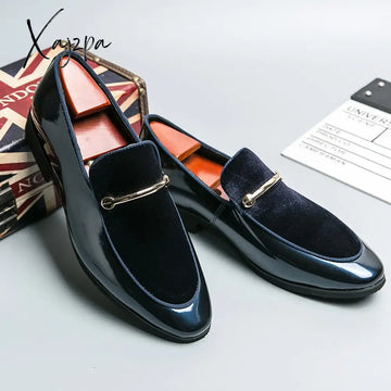 Xajzpa - New Loafers Men Blue Black Business Dress Shoes Handmade Slip-On Round Toe Spring Autumn